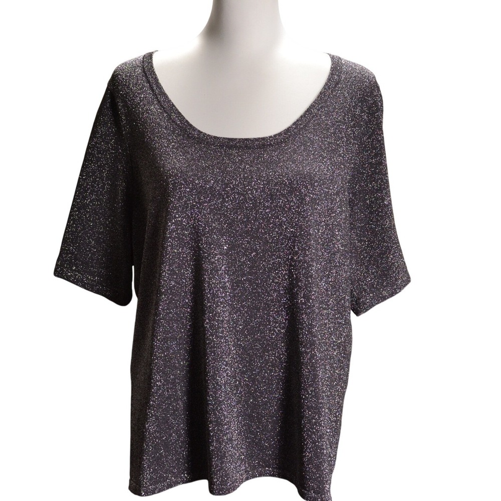 Laura Ashley Women's Metallic Knit Top Black Subtle Sparkle Short Sleeve‎ Blouse